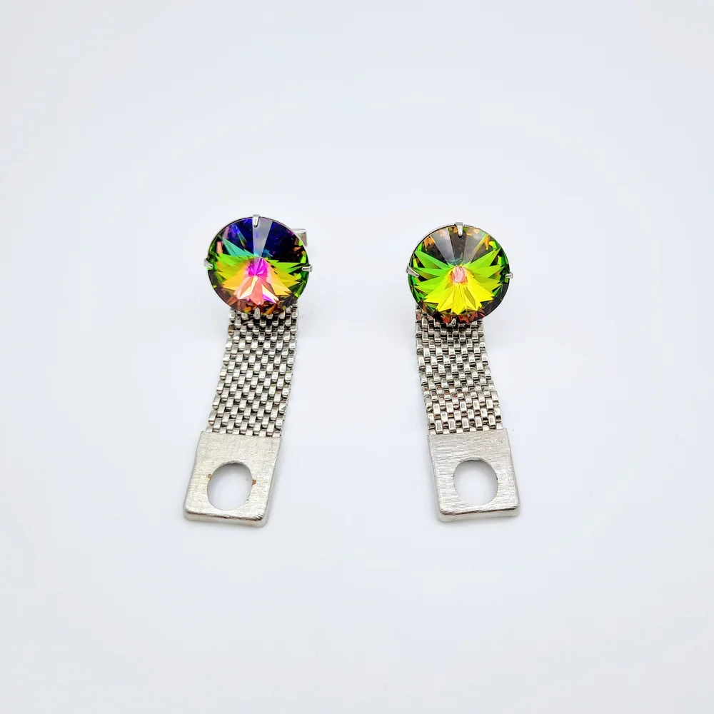 Vintage Rainbow Rivoli Crystal Silver Tone Mesh Cufflinks - Picture 1 of 12
